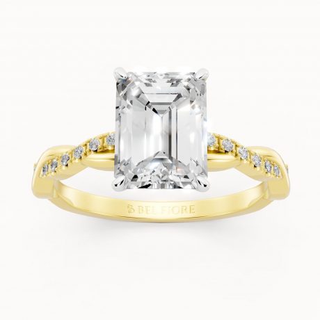 Emerald Cut Diamond Ring with Twisted Pavé Band - White Head