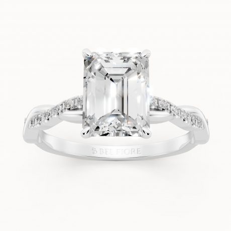 Emerald Cut Diamond Ring with Twisted Pavé Band - White Gold