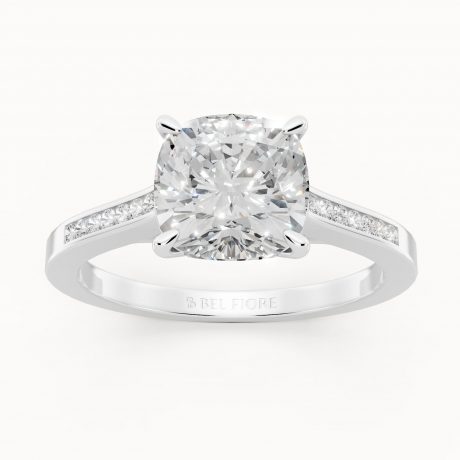 Cushion cut diamond ring with pavé band -White Gold