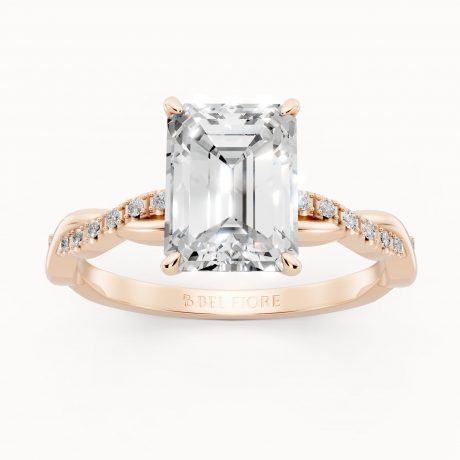 Emerald Cut Diamond Ring with Twisted Pavé Band - Rose Gold