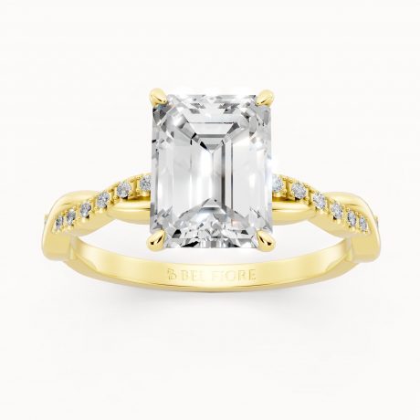 Emerald Cut Diamond Ring with Twisted Pavé Band - Yellow Gold
