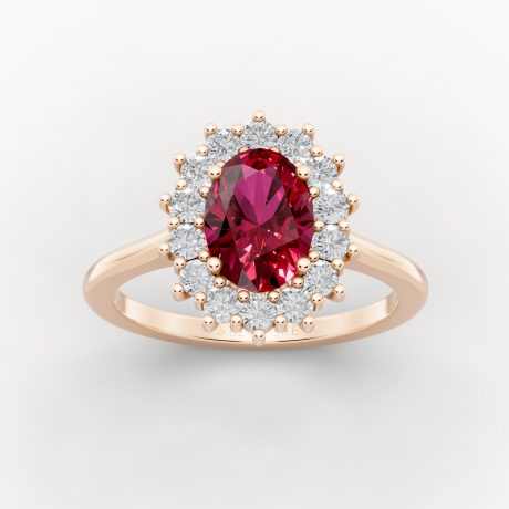 Oval cut ruby radiates encircled by halo diamonds - Rose Gold