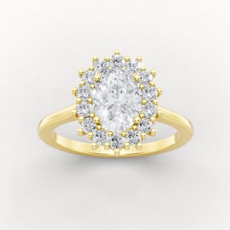 Oval cut Diamond radiates encircled by halo diamonds – Yellow Gold