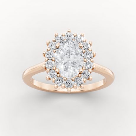 Oval cut Diamond radiates encircled by halo diamonds – Rose Gold