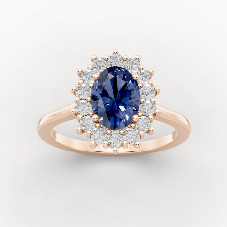 Oval cut sapphire radiates encircled by halo diamonds – Rose Gold