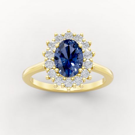 Oval cut sapphire radiates encircled by halo diamonds – Yellow Gold