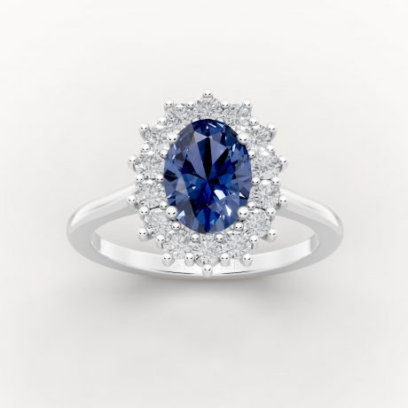 Oval cut sapphire radiates encircled by halo diamonds – White Gold