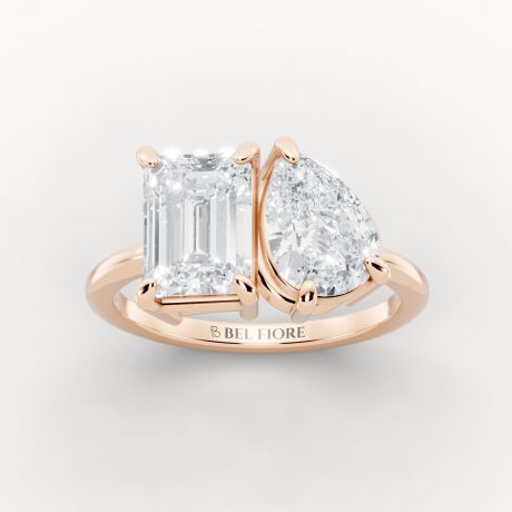 Two Stone Emerald and Pear Diamond Ring - Rose Gold