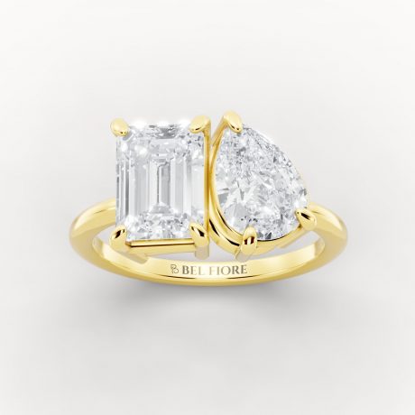 Two Stone Emerald and Pear Diamond Ring - Yellow Gold