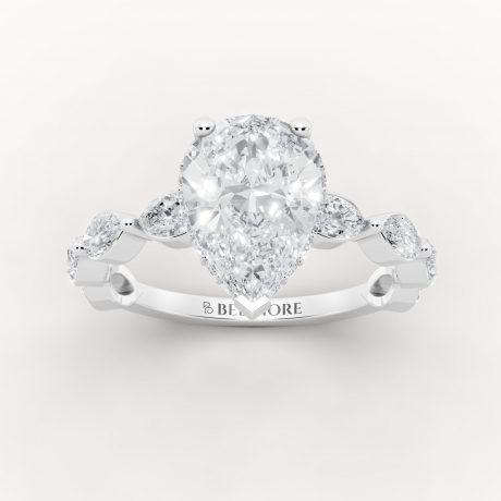 Brilliant center stone with marquise inspired side diamonds -White Gold