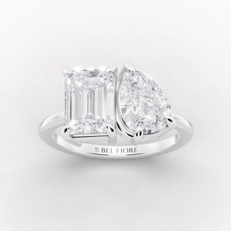 Two Stone Emerald and Pear Diamond Ring - White Gold